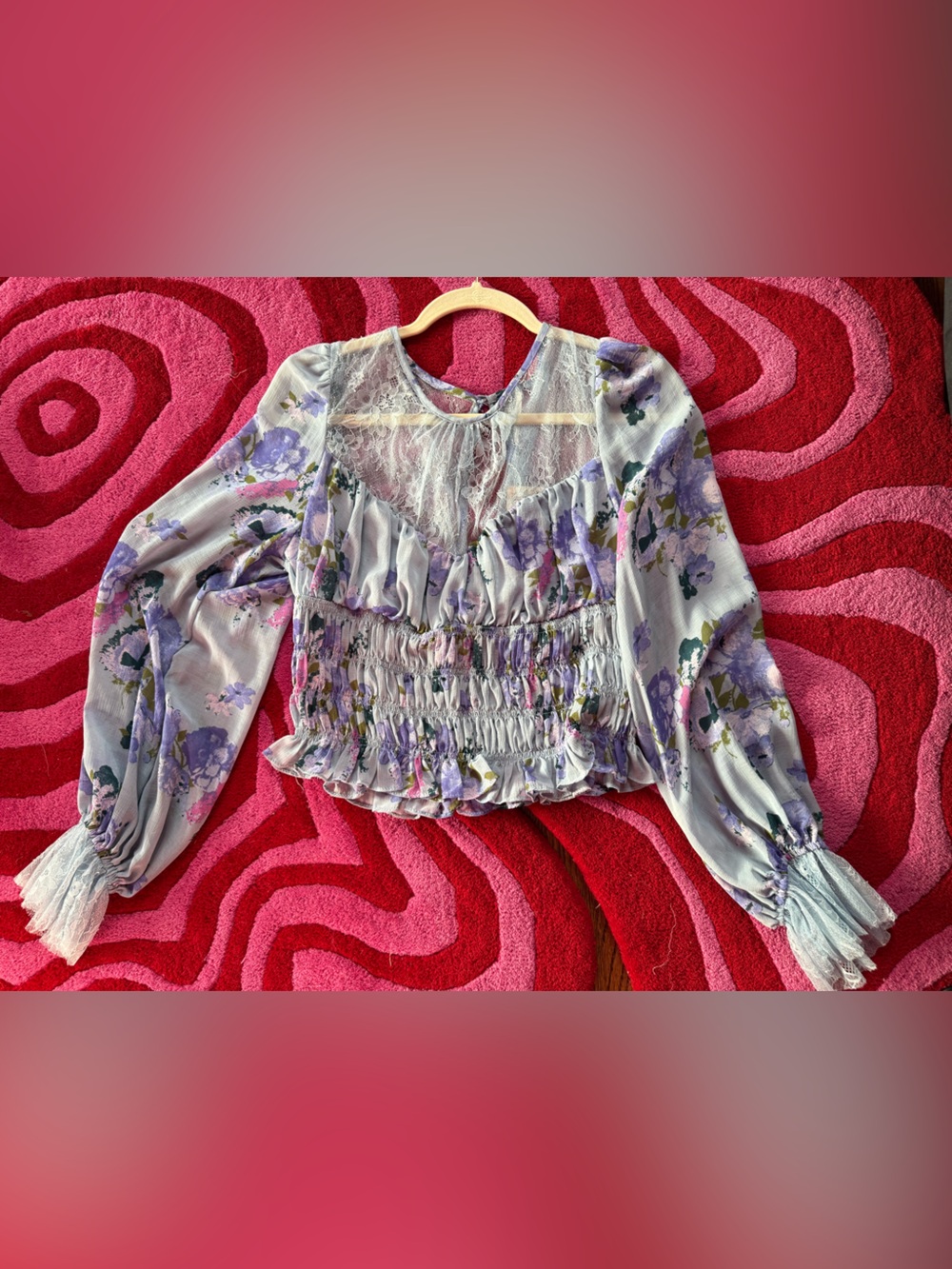NWT Free People Lavender Blue Floral Lace-Trim Smocked Blouse Size L